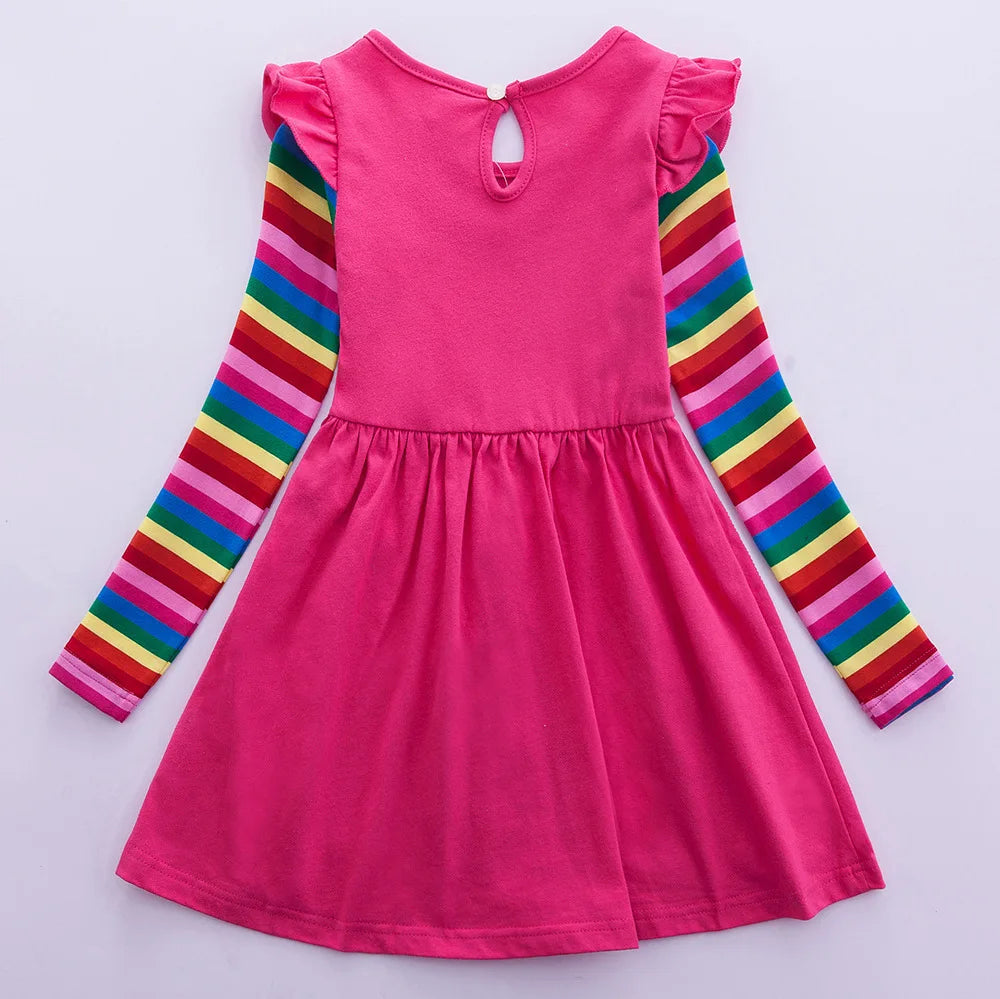 Girls' Long Sleeve Unicorn Dress Autumn Embroidery Two Pockets Rainbow Sleeves