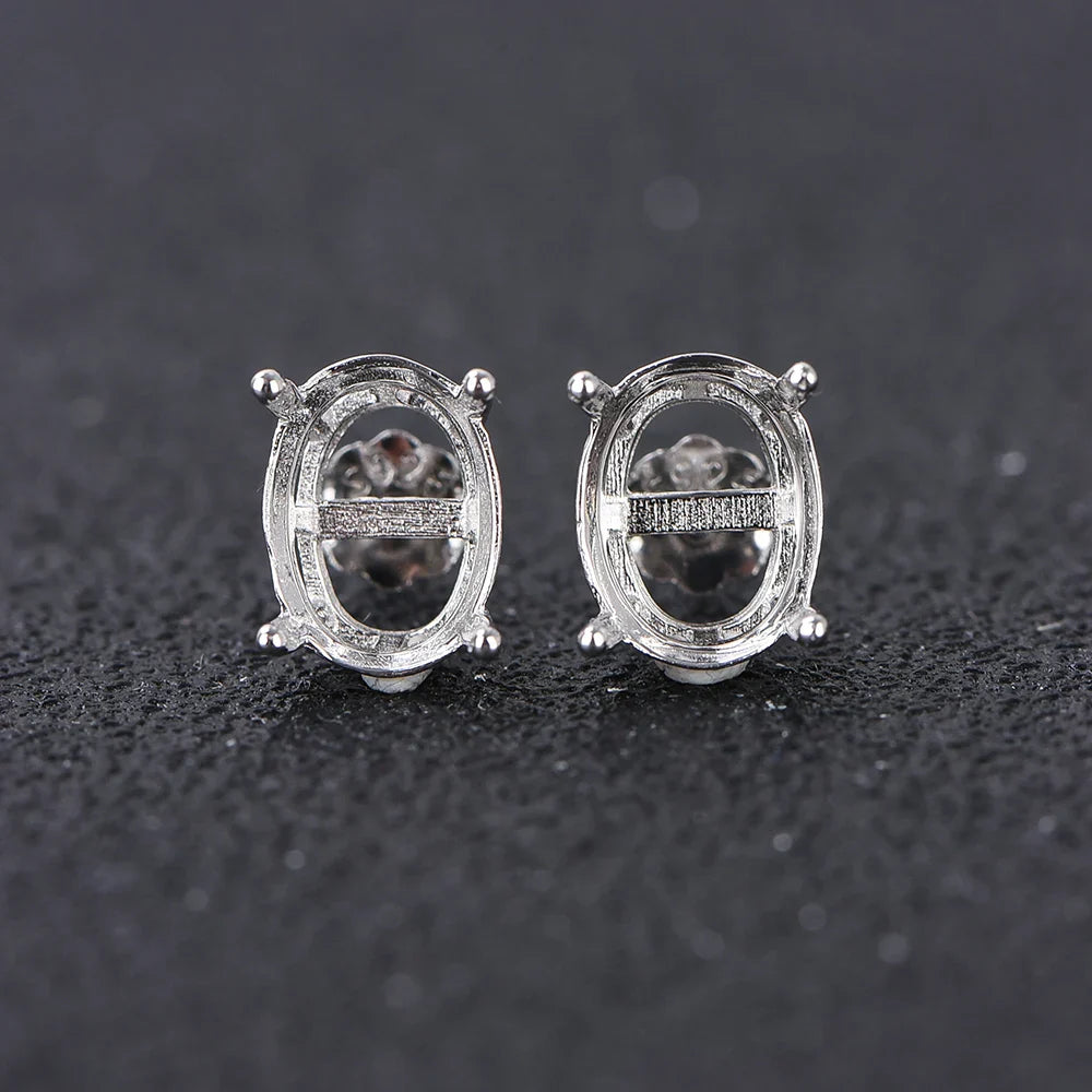Oval 4-prong silvery Golden Rose golden color solid 925 sterling silver stud earring settings DIY jewelry supplies