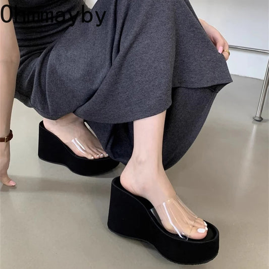 Chunky Woman Slippers Fashion PVC Transparent Platform Wedges Heel