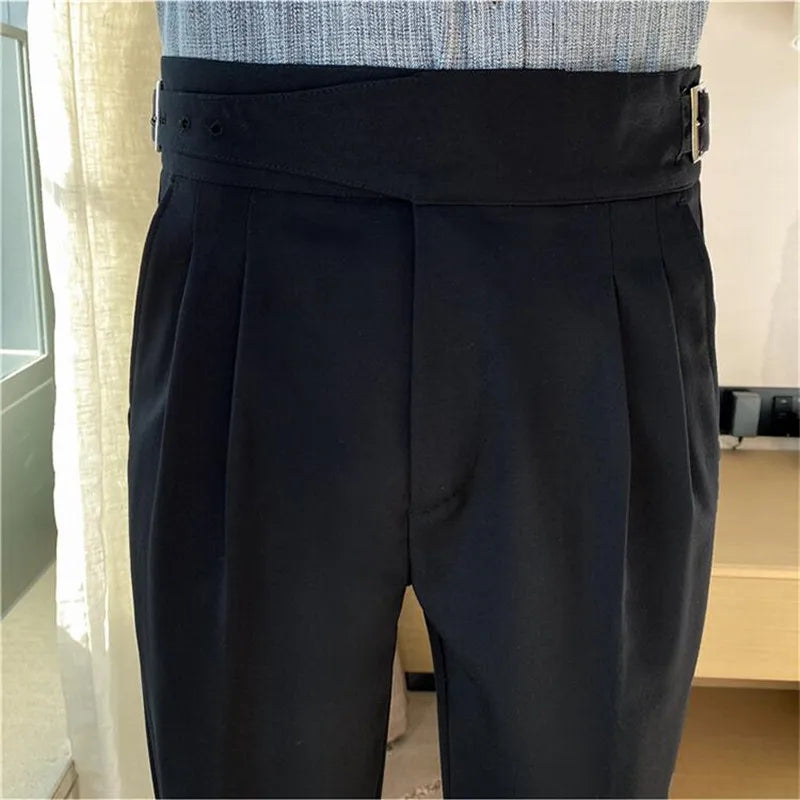 British Style Men High Waist Casual Dress Pant Men Belt Design Slim Trousers Formal