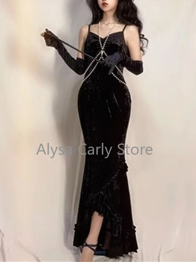 Formal attire Dresses: Velvet Long Dress Women Elegant Slim Spaghetti Strap Folds Dress