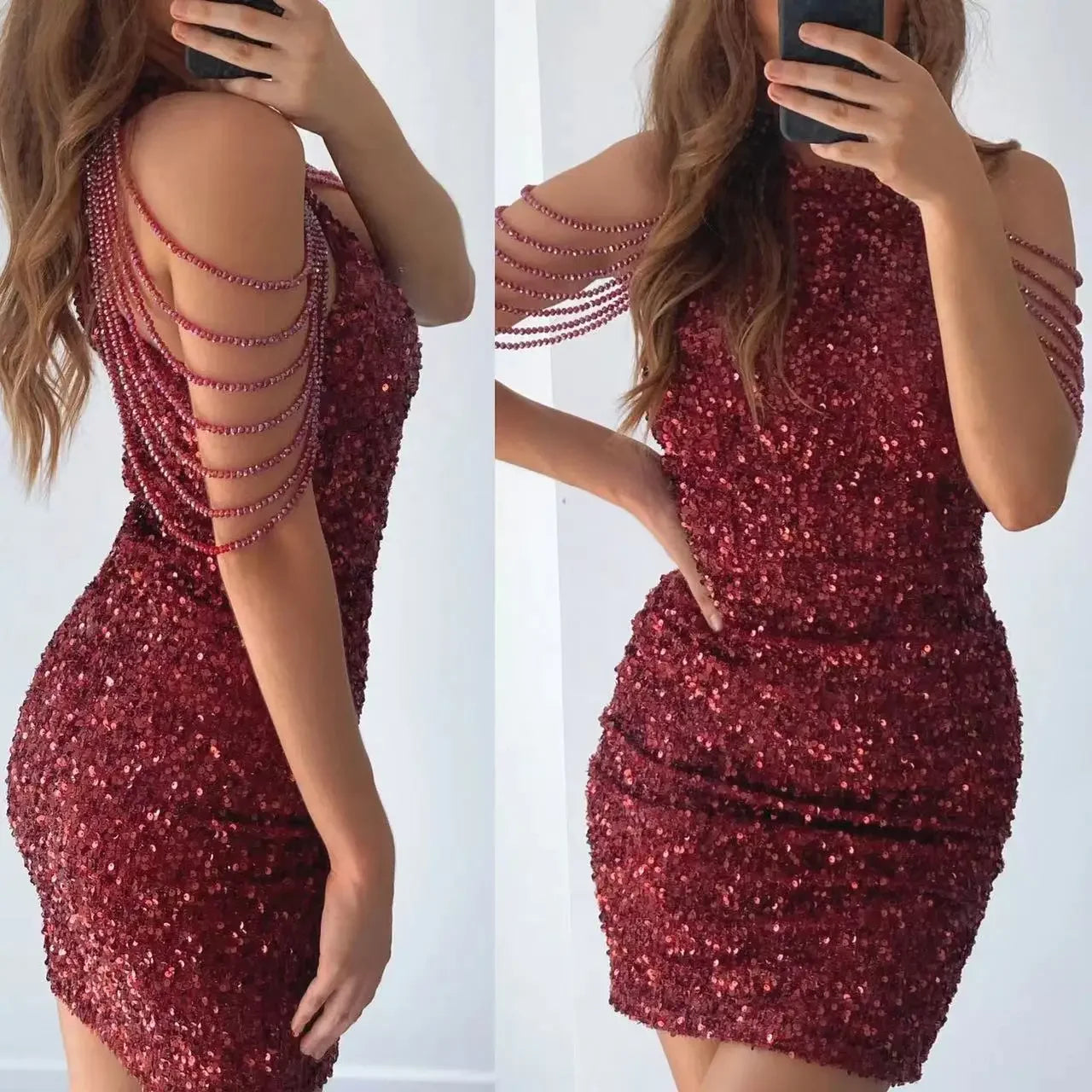 Evening Dresses: Sequin Fringed Dresses with Stones and Crystals Halter Neck
