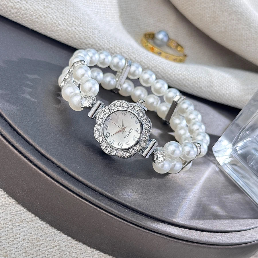 New Elegant Pearl Diamond-Encrusted Elastic Band Watch Vintage Luxury Bracelet Style Convenient for Ladies Quartz Wristwatch
