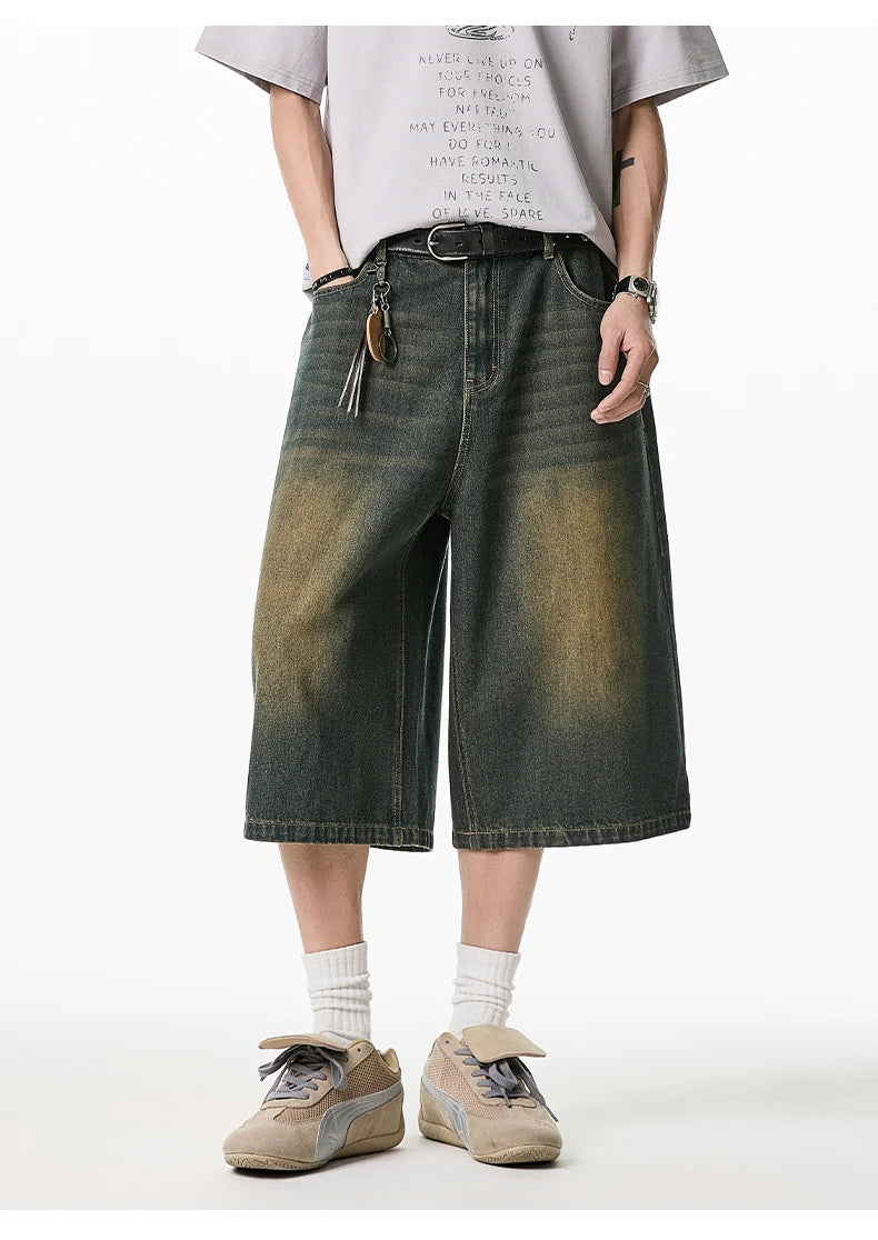 2025 Summer Men's Wide Leg Jeans Shorts Vintage Distressed Wash Y2K Straight Elastic Waist Loose Casual Relaxed Fit