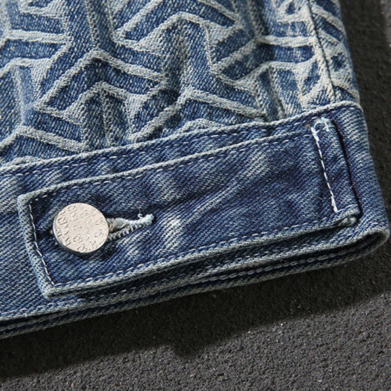 Male Jean Coats Spliced Geometric Autumn Men's Denim Jacket Blue Wide Shoulders