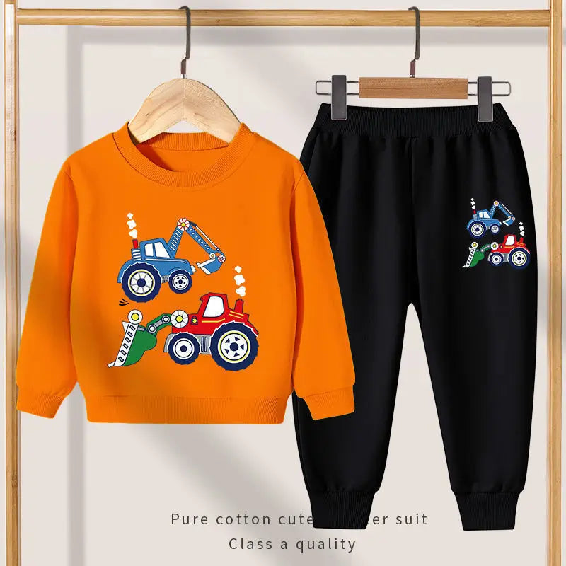 Autumn Boys Kids Clothing Sets Car Print Long Sleeved Loose Pullover Sweatshirts+Pocket Long Pants 2 Piece Children's Sweatsuits