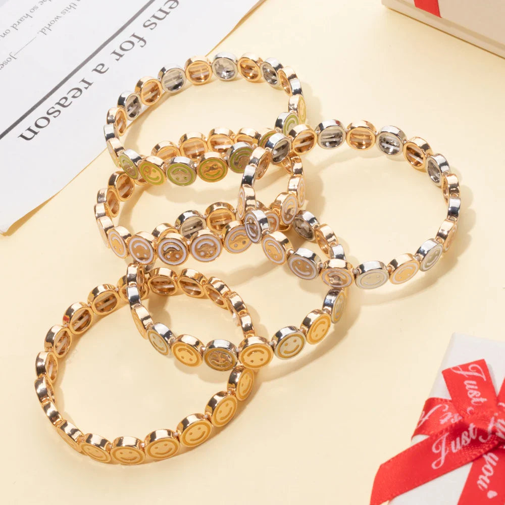 2024 New Happy Bangle Paved Diamond Enamel Beaded Bracelets For Women Boho Gold Color Elastic Bracelets