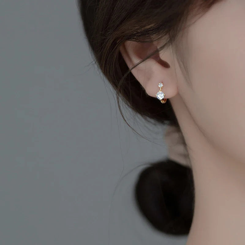 WANTME 925 Sterling Silver Simple Shiny Black Zircon Statement Ear Buckle for Women Fashion Elegant Party Hoop Earrings Jewelry