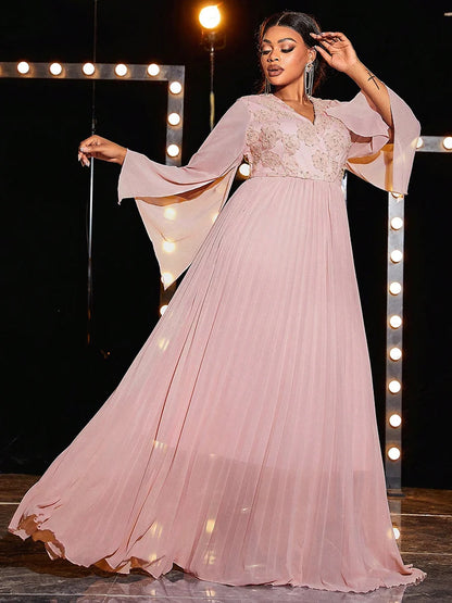 TOLEEN Women Plus Size Maxi Dresses Light Pink Lace Patchwork Dress Slit Lotus Sleeves A-line Vintage Dinner Vestidos de Novia