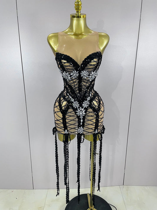 Sparkle Sequins Embroider Sparking Diamonds Long Tassel Sleeveless Mini Dress Women Red Carpet Goddess Stage Performance Costume