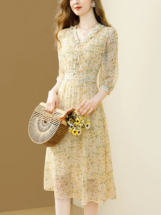 Elegant Floral Printing Women Chiffon Dress V-Neck Casual Office A-line