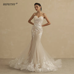 Champagne Mermaid Wedding Dress For Women Ivory Lace Sleeveless Trumpet