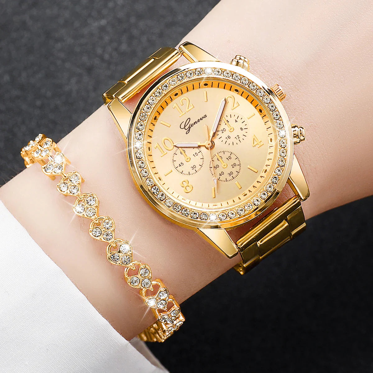 2PCS Women's Watch Fashion Rhinestone Ladies Analog Quartz Watches Bracelet Set Reloj Mujer Girls Clock Gift