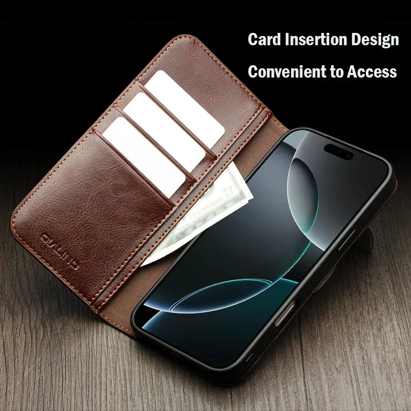 QIALINO Case for iPhone 17 Pro Max Luxury Ultra Slim Handmade Genuine Leather Wallet Card Slot Flip Cover for iPhone 17 Pro/Air