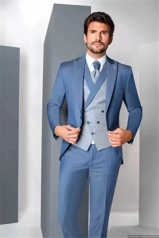 High Quality Blue Business Slim Fit Peak Lapel Men Suits 3 Pieces Men's Wedding Groom Tuxedos Set 6XL-XS (Blazer+Vest+Pants)