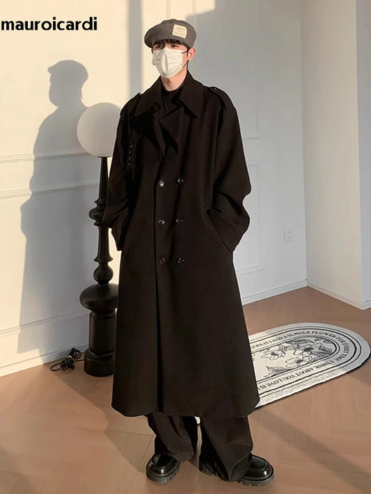 Autumn Winter Long Oversized Windproof Black Warm Woolen Coat Men