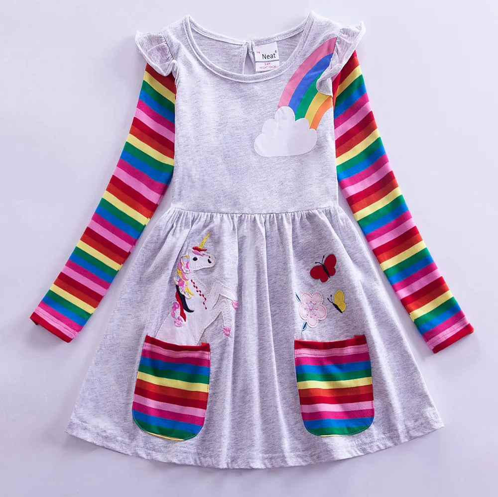 Girls' Long Sleeve Unicorn Dress Autumn Embroidery Two Pockets Rainbow Sleeves