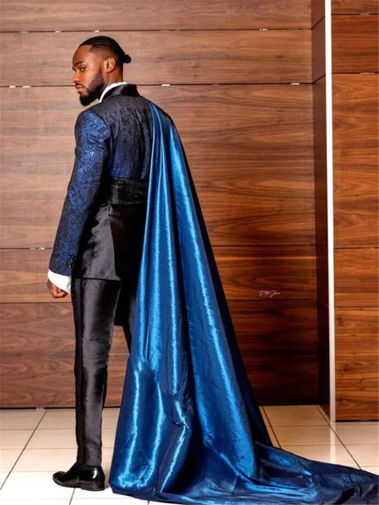 Tuxedo for Mens: Royal Jacquard Mens Wedding Suit Fit Groom Tuxedos With Cape