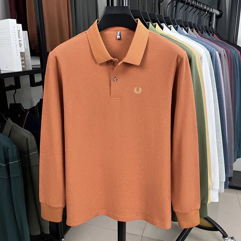 100% pure cotton high-end brand men's long sleeved polo shirt autumn fashion hot selling wheat embroidery golf business T-shirt