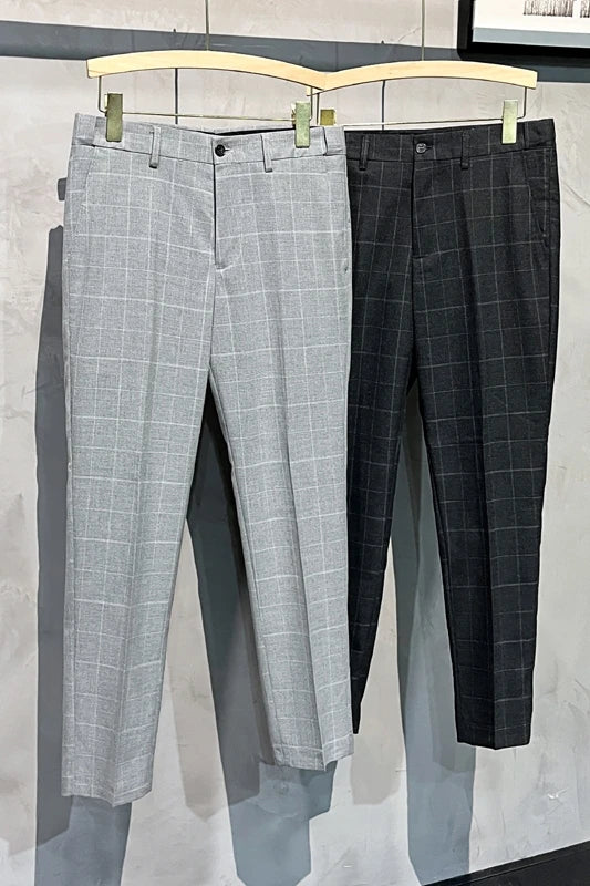 Plaid Suit Pants Men Summer Thin Casual Trousers  Ankle Length Business Formal Dress