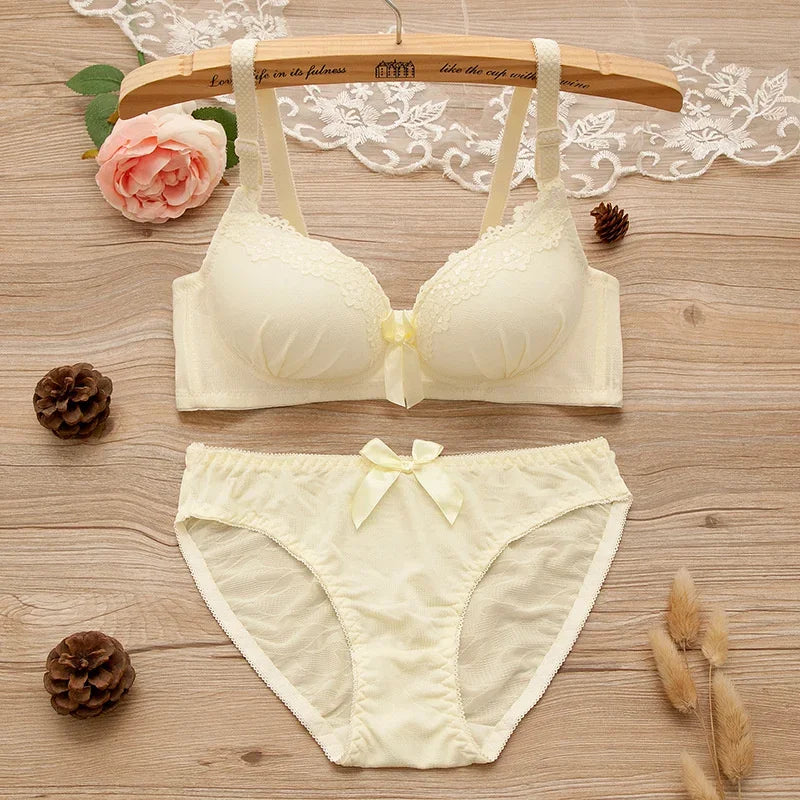 Girl Sweet Wireless Bra Lace Bows Underwear Sets Breathable Small Breast Bralette