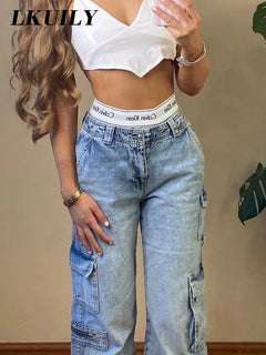 Aesthetic Vintage Cargo Women's Pants Y2k High Waist Straight Baggy Jeans Casual Chic Fake Zippers Pocket Female Trousers 2022