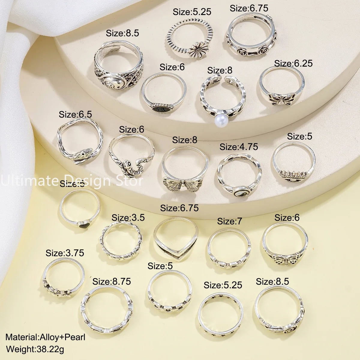 21pcs Set Punk Style Butterfly Heart Stainless Steel Ring and Tai Chi Design