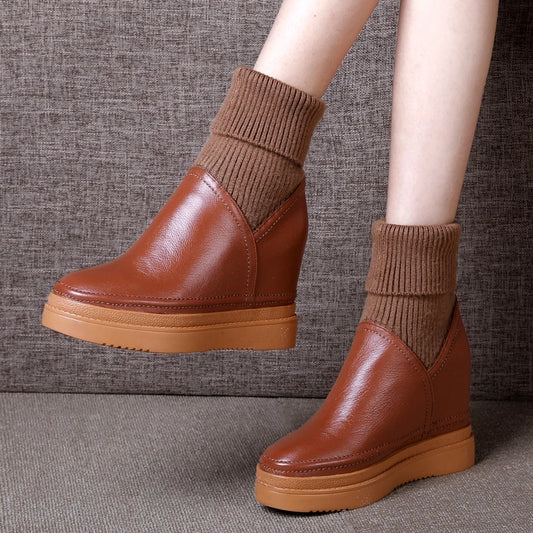 Women Fashion Wedges Mid Calf Boots Genuine Cow Leather Shoes Autumn Winter