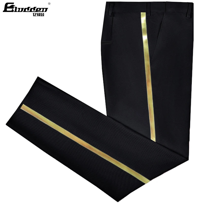 Men's black suit pants Gold leather trim Casual Male Formal Business Office Pants