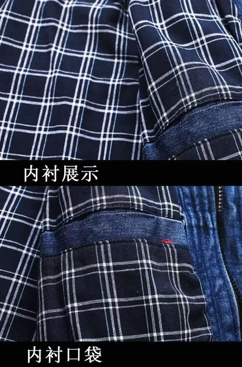 Men's Street Hip Hop Men's Loose Jeans Motorcycle Jacket Two Piece Set Harajuku Pattern Embroidered Jacket Jeans Set