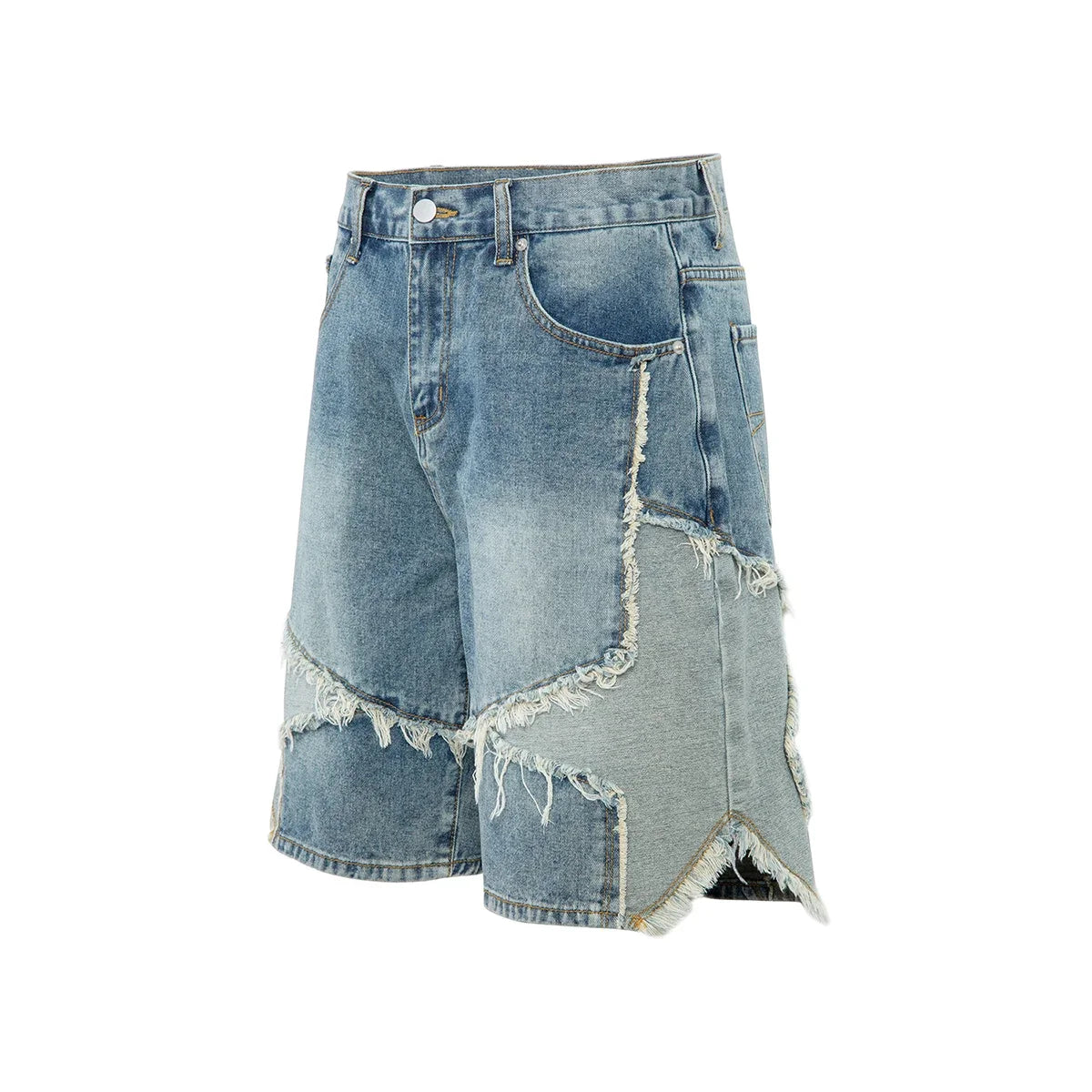 High Street Washed Stars Patchwork Baggy Jeans Shorts for Men Wide Leg Straight Casual Denim Five Point Pants Oversized