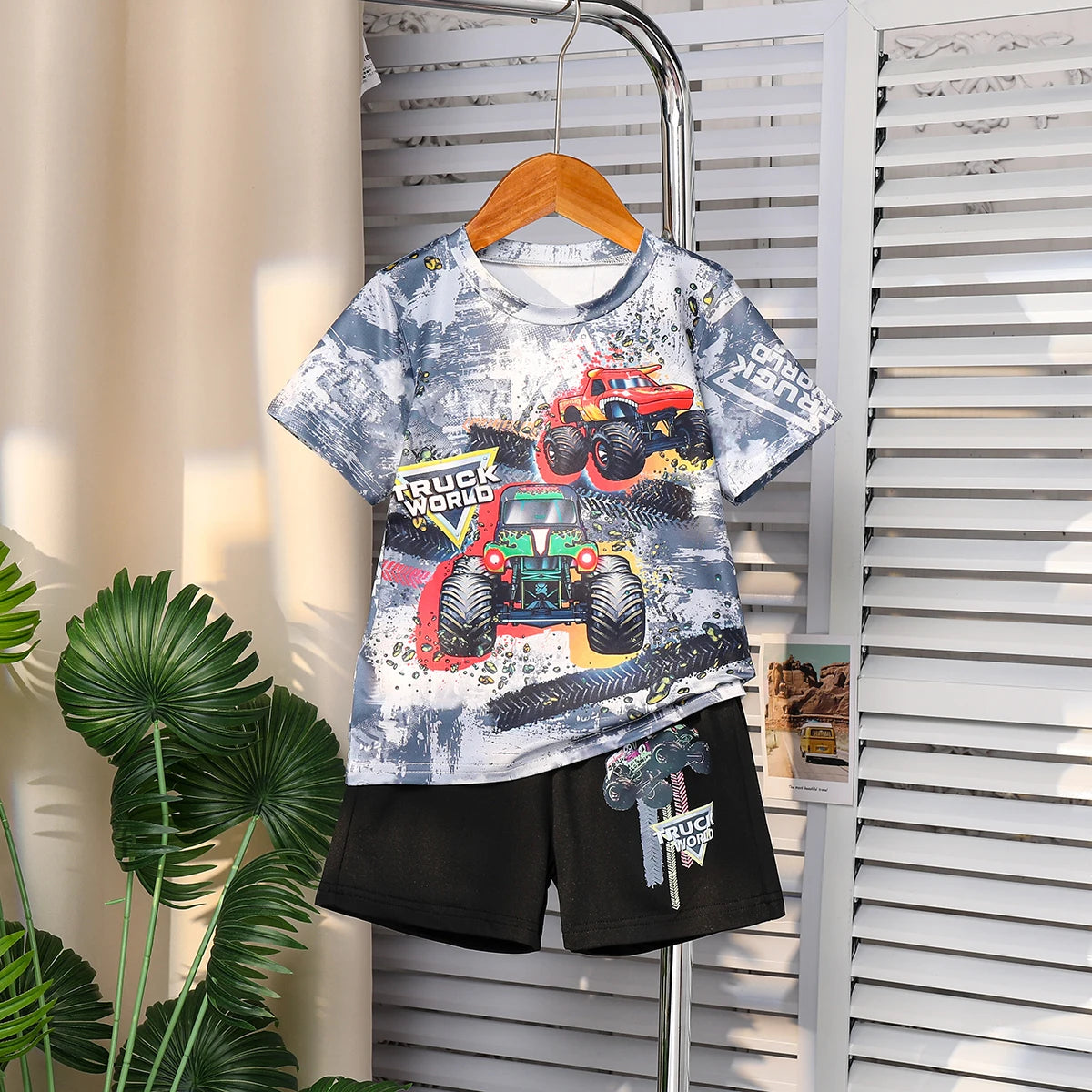 Summer Best-Selling Boys' Off-Road Vehicle Printed Short-Sleeved Shorts Suit with Letters Casual Style