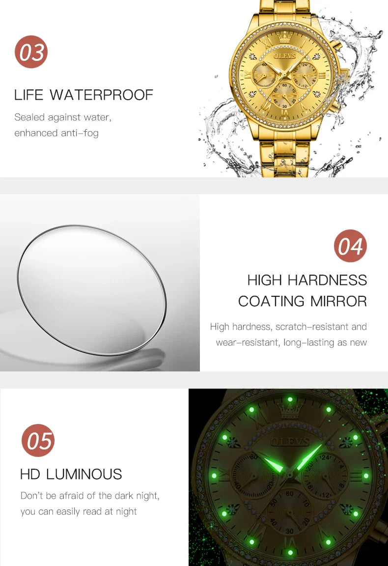 OLEVS Women's Watches Top Brand Luxury Original Quartz Watch for Ladies Chronograph Waterproof Luminous Rhinestone Dial 24 Hour