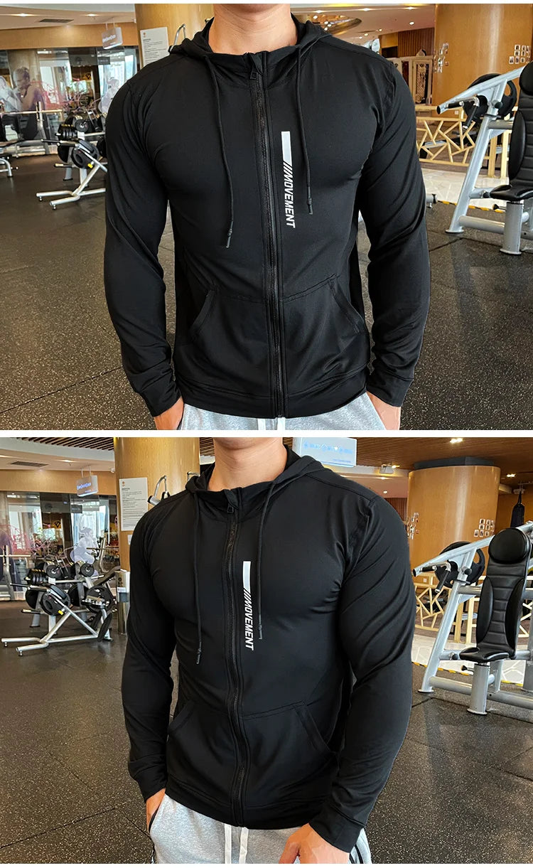 Men's Sports Hoodies Quick Dry Elastic Hooded Male Fitness Running Jackets Outdoor Gym