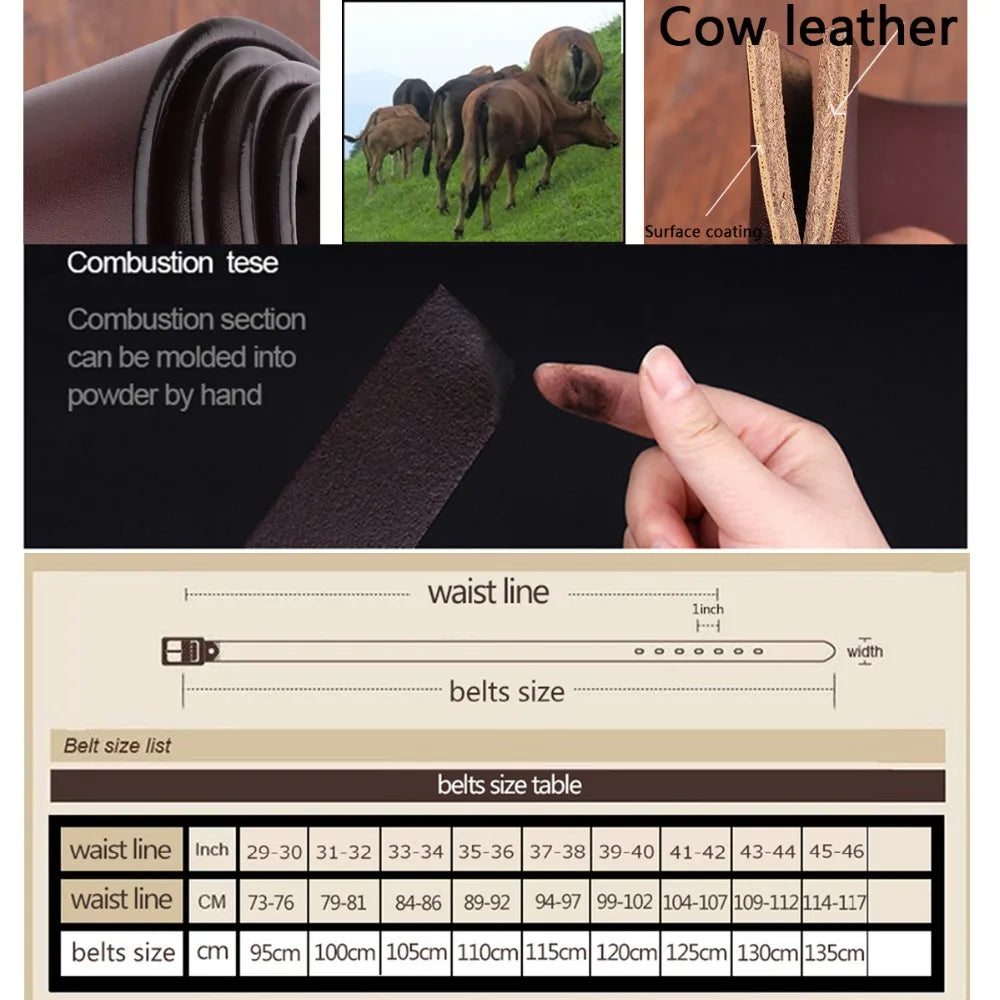 Men's Genuine Leather Alloy Pin Square Buckle Belts High Quality Vintage Style Male Waist Straps Classic Men Jeans Waistband