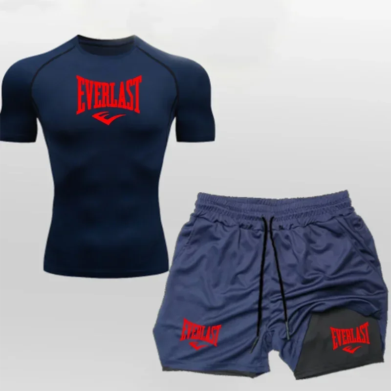 EVERLAST Men's Compress Shirt + 2-in-1 sports shorts 2pcs Set Leisure Breath Short Sleeve Sport Jogging Gym Brand Print Clothing
