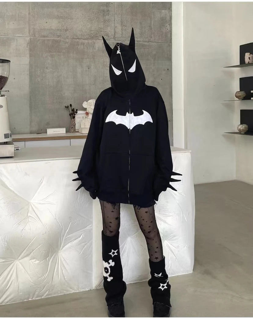 Y2K Hip Hop Hoodie Harajuku Spider Web Print Full Zipper Sweatshirt Oversize Punk