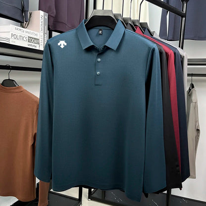 Luxury Quality Men's Polo Shirt No Trace Simple Solid Color Geometric Print Long Sleeve Autumn Lapel T-Shirt Business Menswear