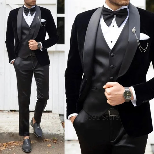 Black Men Wedding Suit Shawl Lapel Groom Wear Tuxedos Business Party 3 Pieces (Jacket+Vest+Pants)Costume Homme