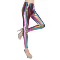 Metallic Color PU Leggings Women Leather Pants Dancing Party Pant Night Club