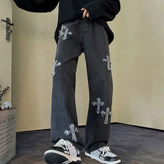 Men's Baggy Jeans Fashion Loose Straight Jean Retro Cross Print Trousers Hip Hop