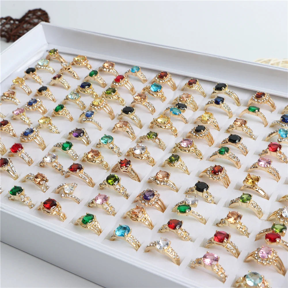 Wholesale 20/30/36/50/100Pcs/Lot Fashion Colorful Shiny Zircon Rings For Women Mix Style Color Wedding Jewelry