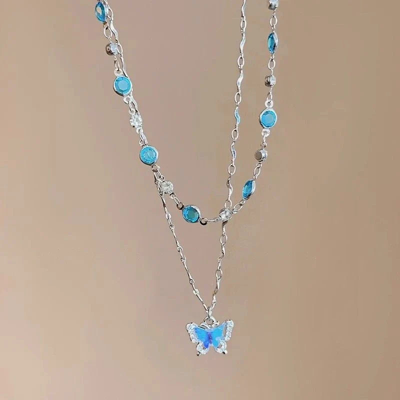 LATS Romantic Blue Crystal Butterfly Necklace for Women Girls Simple Shiny Zircon Bilayer Choker Clavicle Chain New Fine Jewelry