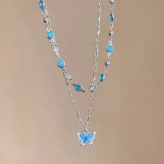 Blue Crystal Butterfly Necklace for Women Girls Simple Shiny Zircon Bilayer Choker