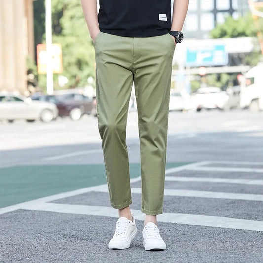 Summer Ankle Length Casual Pants Mens Clothing Stretch Black Green Suit Trousers