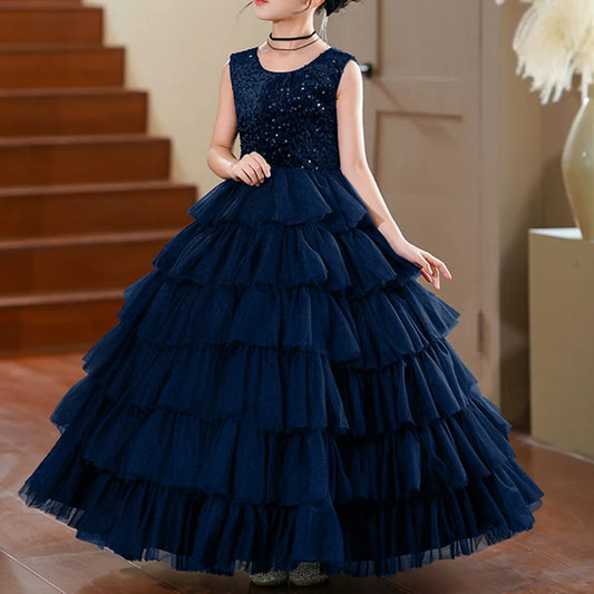 Elegant Girls Dresses Formal Princess Gowns Children Sparkly Sequins Evening Long Dresses For Birthday Party Performance