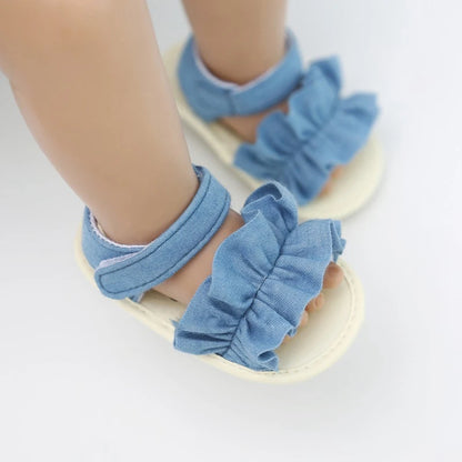 0-18M Baby Girls Breathable Anti-Slip Bow Shoes Summer Sandals Toddler Soft Soled First Walkers PU Cotton Fabric Elastic Band