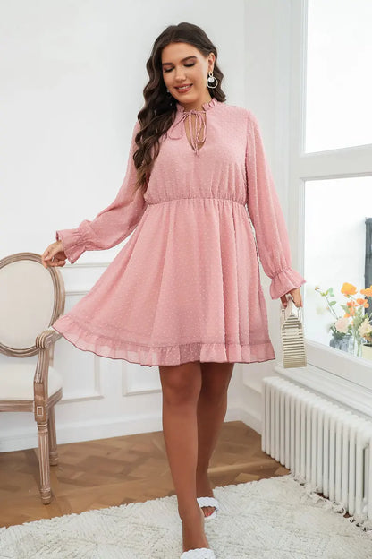 Plus Size V Cut Out Neck Women's Dress Lace-Up Long Ruffle Sleeve Robe Elastic Waist Pink Dot A-Line Mini Elegant Dresses