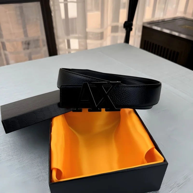 2026 Designer Men's Belt - AX Letter Buckle, 3.8cm Wide, Lychee Pattern, Plain Weave, High-End Fashion, Premium Leather Waistban