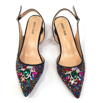Pattern Popularity 2024 Pointed Toe Crystal Design Thin Heel Ladies Shoes Matching Bag Set For Nigerian Women Party